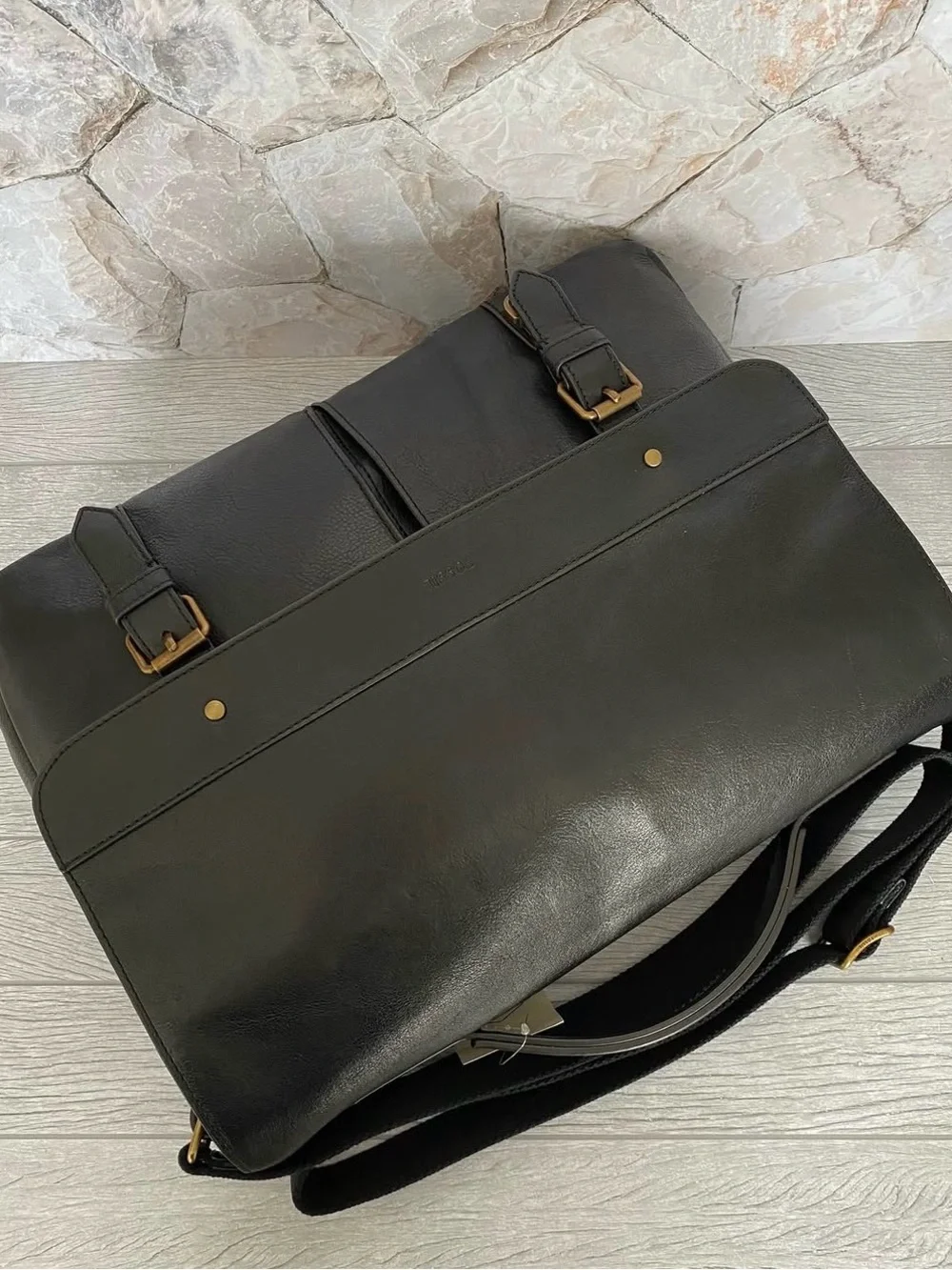 Fossil Black Leather Double-Buckle Messenger Bag